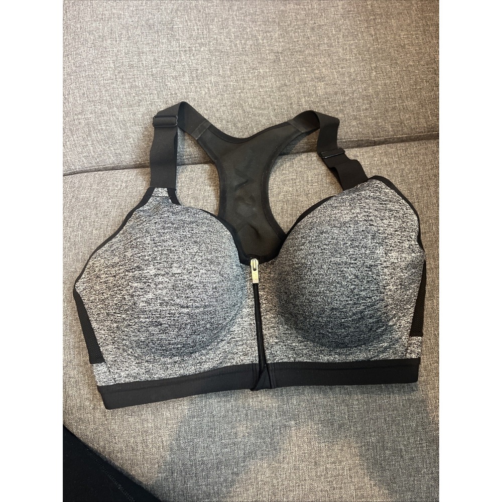 Victoria's Secret VSX Incredible Sports Bra 34DD Gray Black Racerback Zip Front